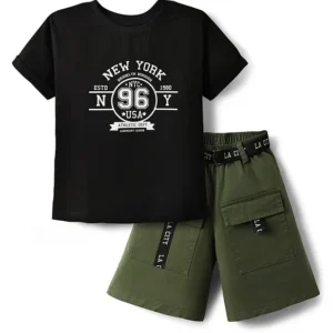 Single Jersey Knit Half Sleeves Top & Shorts Set with New York Text Print - Black & Olive Green